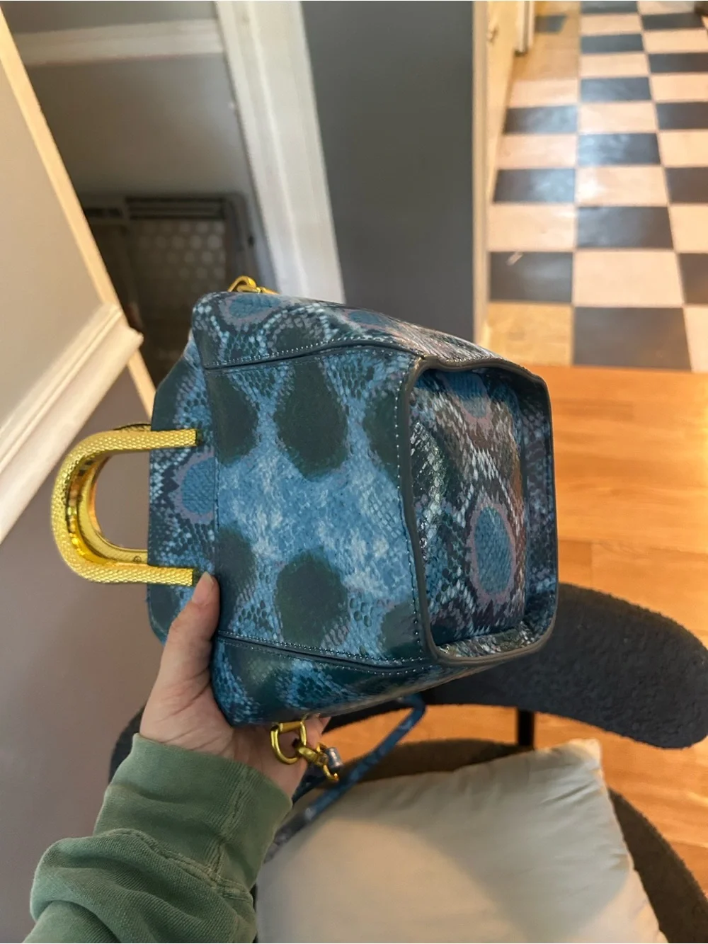 Rare Sharif Blue Snake-Print Top Handle Bag with Gold Snake Accent